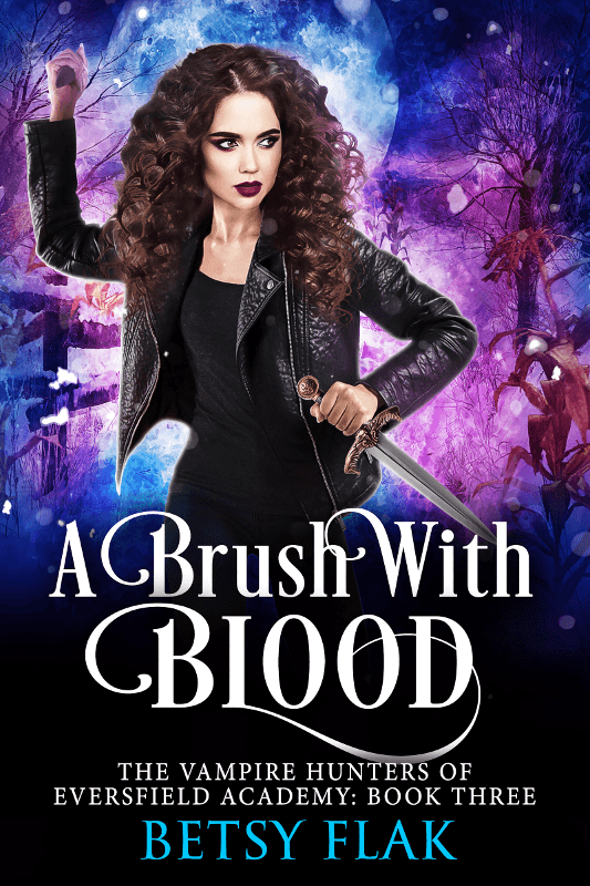 A Brush with Blood cover:  A girl with wild curly hair and blazing green eyes brandishes a wooden stake and a dagger in a snowy cornfield at night.