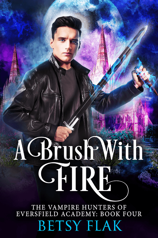 A Brush with Fire cover: A boy with icy blue eyes brandishes a magical sword and wooden stake in front of a boarding school at night.