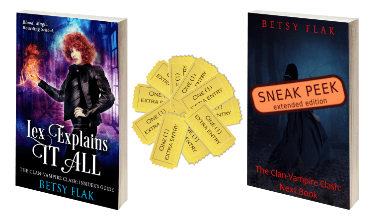 The launch bonuses for A Brush with Vampires (The Clan-Vampire Clash: Book One): a free digital copy of Lex Explains It All (The Clan-Vampire Clash: Insider's Guide), an extended sneak peek of Book Two of The Clan-Vampire Clash (when available), and five extra giveaway entries into Betsy Flak's next solo giveaway.