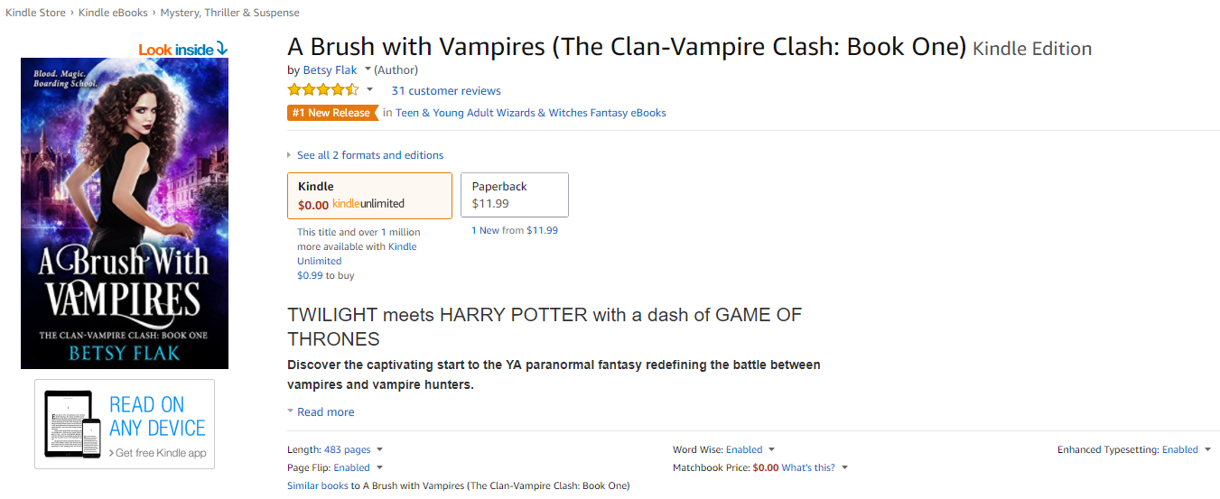 A Brush with Vampires got the precious orange tag from Amazon, noting is as the #1 new release in YA Wizards & Witches Fantasy.