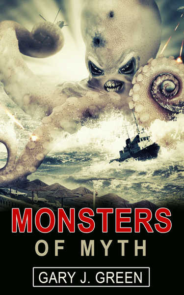 Monsters of Myth cover: A giant squid attacks a ship in an angry ocean.