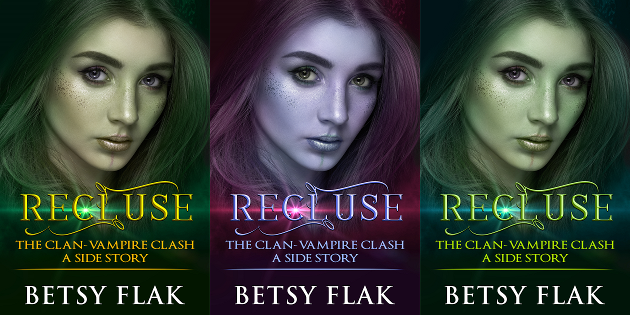 Recluse cover options:  A beautiful girl stares into the camera in three different book covers, all with the same post. The first option is natural, the second option is tinted purple, and the third option is tinted green.