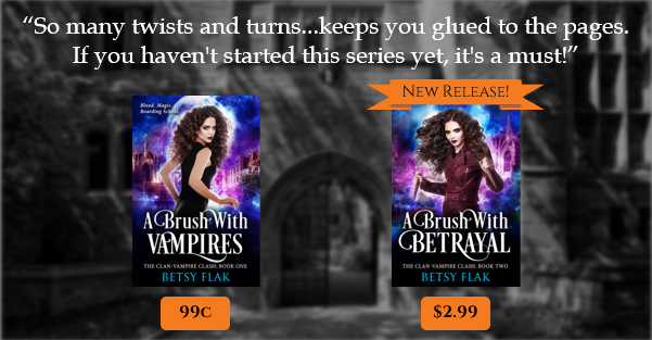 Covers of A Brush with Vampires and A Brush with Betrayal over a blurry boarding school.