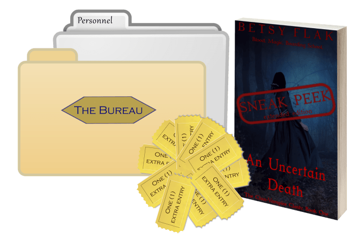 The launch bonuses for The Impossible Creation launch: yellow file folder entitled 'The Bureau', gray file folder entitled 'Personnel', ten tickets, and a 3-d version of An Uncertain Death, sneak peek, extended edition