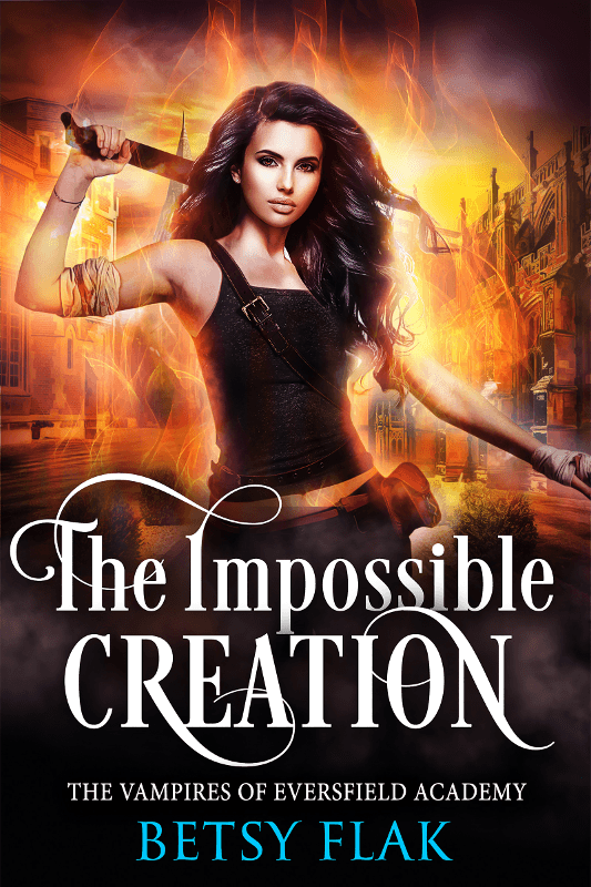 The Impossible Creation cover: A girl surrounded by flames brandishes a sword.