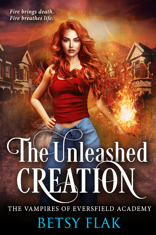 The Unleashed Creation cover: A girl with wild red hair brandishes a fireball in front of a mountain town.