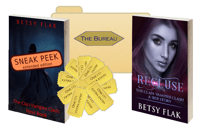 The launch bonuses for A Brush with Blood (The Clan-Vampire Clash: Book Three): a free digital copy of Recluse (The Clan-Vampire Clash: A Side Story), the Bureau's files on the senior Warriors of the Eversfield Cell, an extended sneak peek of Book Four of The Clan-Vampire Clash (when available), and ten extra giveaway entries into Betsy Flak's next solo giveaway.